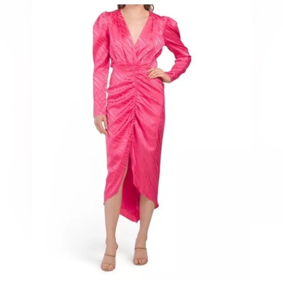 Ronny Kobo | Astrid Ruched Puffed Sleeve Midi Dress In Pink Tulip Size XS NWT - Picture 3 of 8